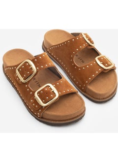 MARJIN Women's Leather Studded Double Banded Cork Sole Casual Slippers Ortin  - Image 3