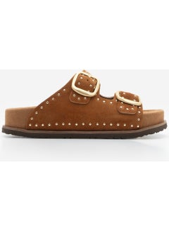 MARJIN Women's Leather Studded Double Banded Cork Sole Casual Slippers Ortin  - Image 2