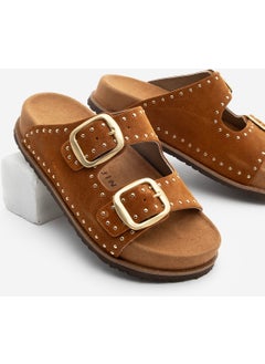 MARJIN Women's Leather Studded Double Banded Cork Sole Casual Slippers Ortin  - Image 1