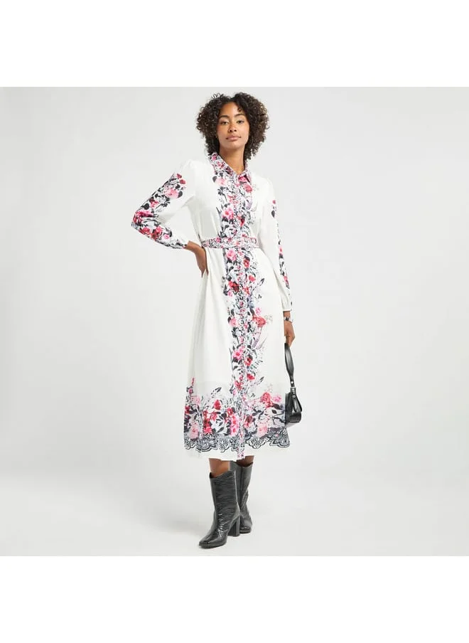 FAV All-Over Floral Print Shirt Dress with Tie-Up Belt and Long Sleeves