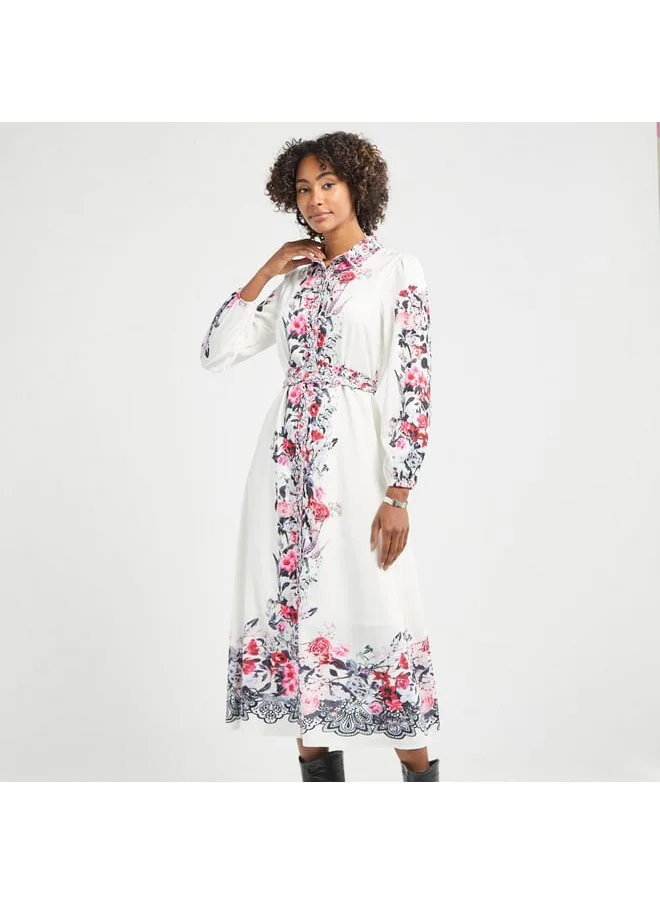 FAV All-Over Floral Print Shirt Dress with Tie-Up Belt and Long Sleeves