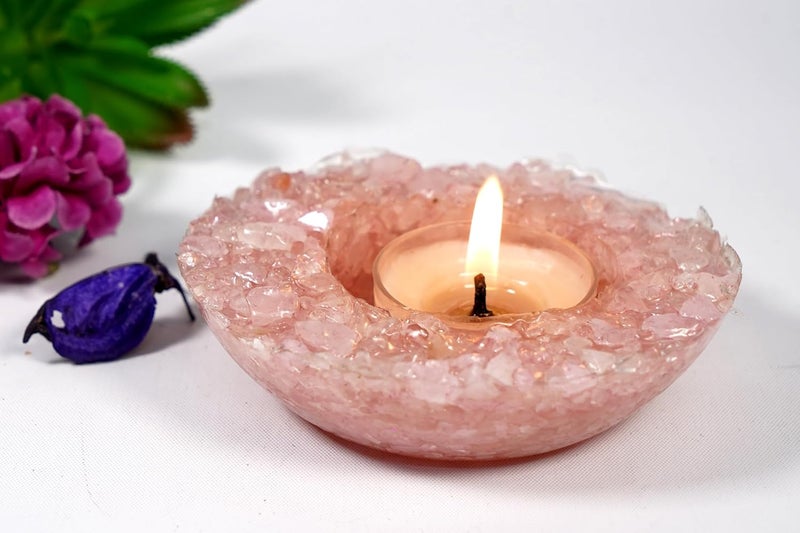 The Cosmic Connect Natural Rose Quartz TLight Candle Holder Encased in Resin Romantic Healing Decorative Accent for Home Special Occasions  - Image 2