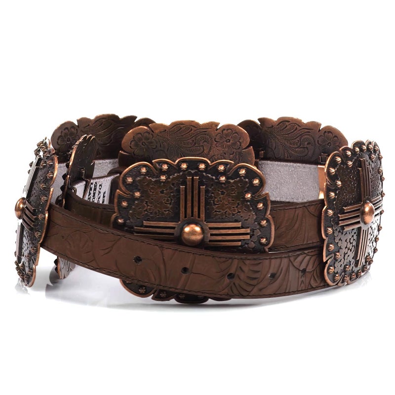 Angel Ranch Womenâ€™s Floral Embossed Leather Belt with Western Square Conchos and Removable Buckle | Brown with Antique Copper Hardware, X-Large - Image 5