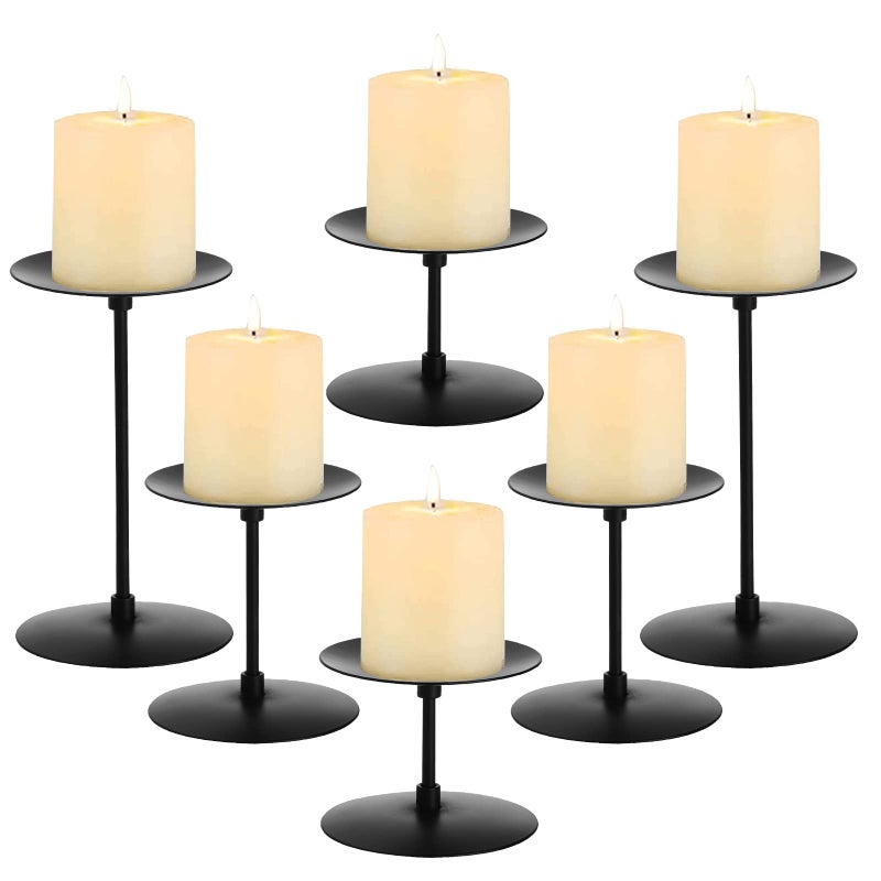 Elsjoy Set of 6 Black Pillar Candle Holders Metal Pillar Candle Stand Fireplace Candelabras Set for Home Decor Table Centerpiece Wedding 3 Sizes