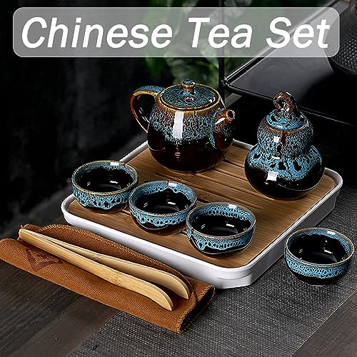 Tomuvpzn Chinese Kongfu Tea Set,Portable Porcelain Travel Tea Set with Tea cup, teapot, tea caddy, Bamboo Tray,Tea Clip,Tea towel and Carrying Bag Suitable for Travel, Home,Outdoor and Office - Image 2