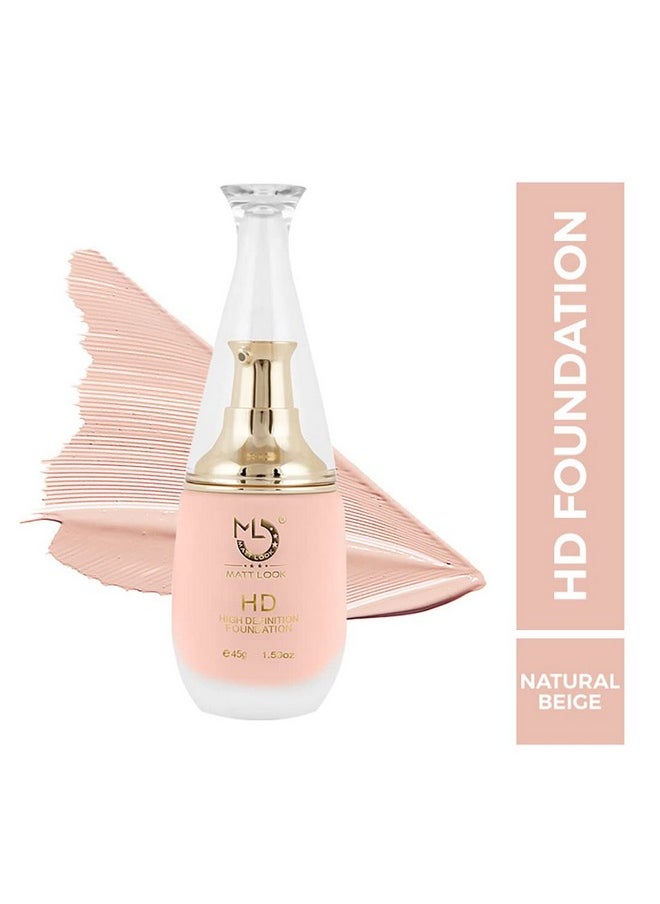 matt look High Definition Foundation | Seamless Finish | Light Weight In Texture | Available In 4 Shades | Suitable For All Skin Types And All Tones | Water Proof And Sweat Proof | Easy To Apply | 45G - Natural-Beige  - Image 1