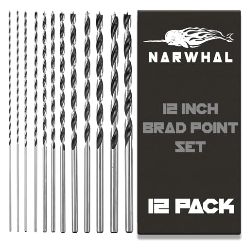 Narwhal Extra Long Brad Point Drill Bit Set for Wood (12 Pack) 12 Inch Length in 1/8", 5/32", 3/16", 1/4", 5/16" 3/8", 7/16", and 1/2" for Precision Splinter Free Drilling - Includes Storage Sleeve - Image 1