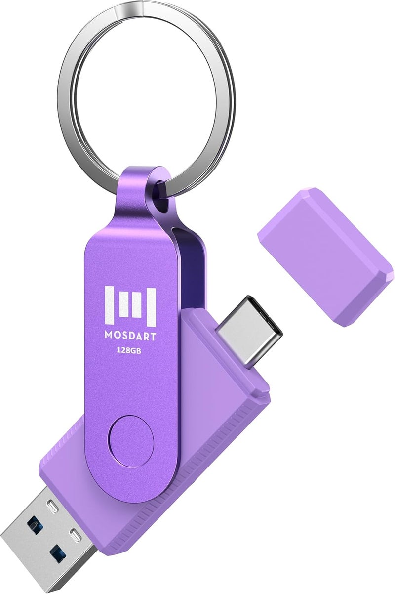 MOSDART 128GB Dual USB C 3.2 Flash Drive with Keychain and LED Light - Purple - Image 1