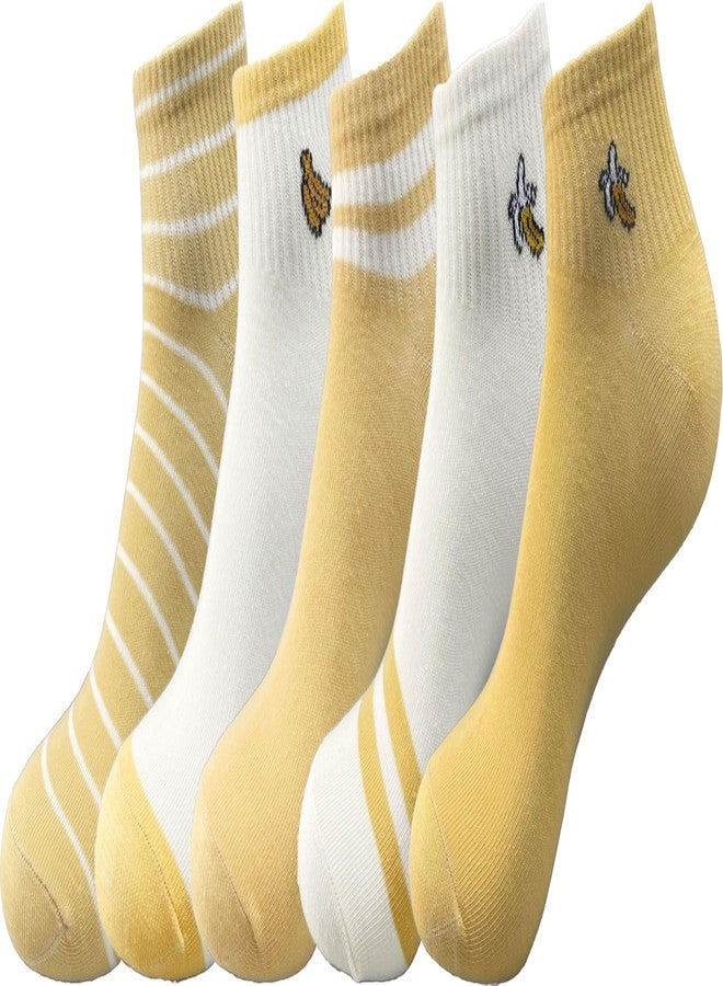 جوي لايف جوارب قصيرة مطرزة بالفواكه من جوي لايف، جوارب لطيفة قصيرة للنساء والفتيات، لون أصفر موز، عبوة من 5 قطع - Image 1