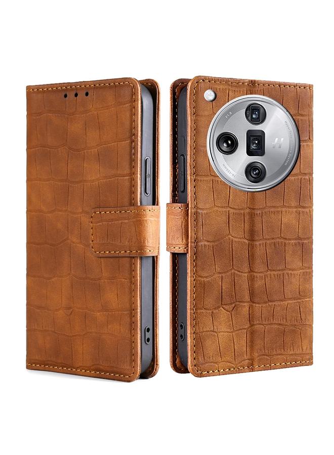 جرين تايجر جراب هاتف جلدي بمشبك مغناطيسي على شكل جلد التمساح لهاتف OPPO Find X7 Ultra 5G (بني)