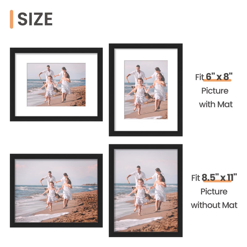 upsimples 8.5x11 Picture Frame Set of 5, Display Pictures 6x8 with Mat or 8.5 by 11 Without, Wall Gallery Photo Frames, Black - Image 5