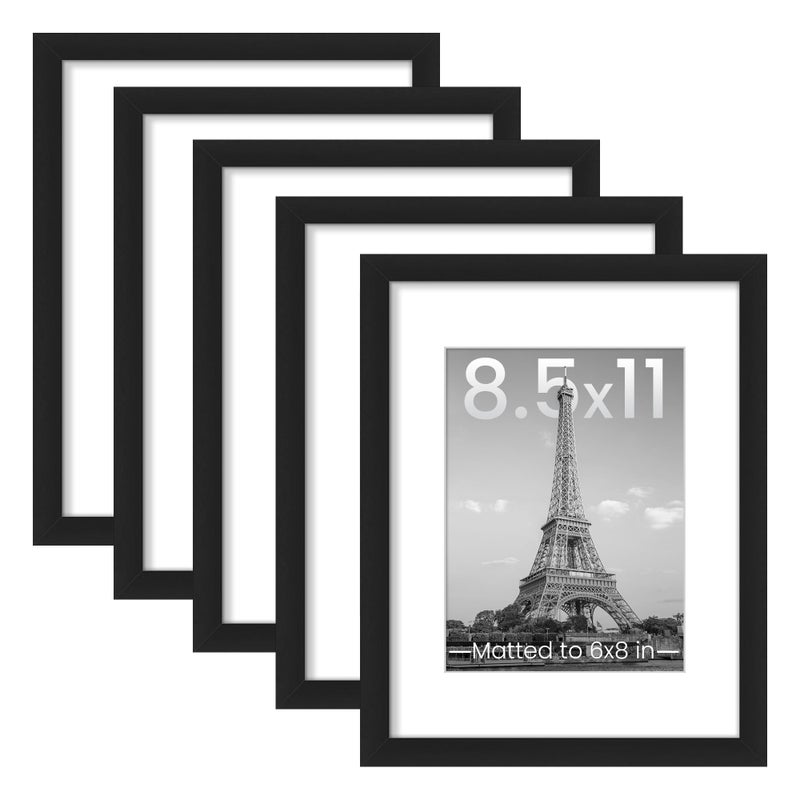 upsimples 8.5x11 Picture Frame Set of 5, Display Pictures 6x8 with Mat or 8.5 by 11 Without, Wall Gallery Photo Frames, Black - Image 1