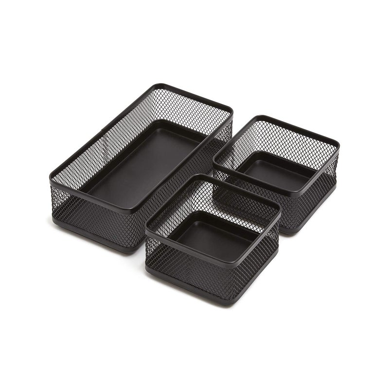 1InTheOffice Mesh Collection Desk Drawer Organizer Tray 3 Compartment Stackable Matte Black
