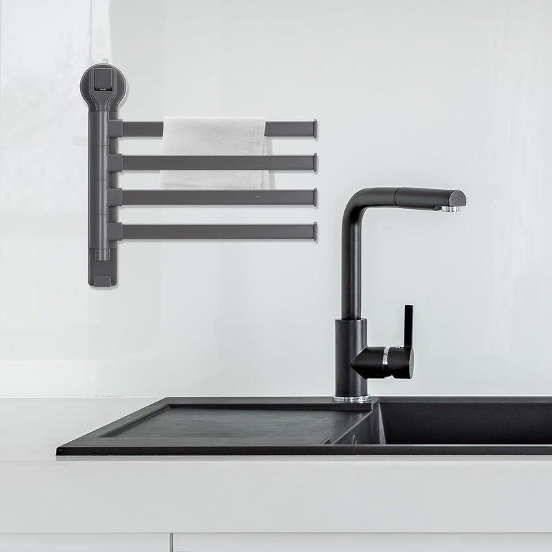 Adjustable 4-bar Suction Cup Towel Rack Rotating Wall-Mounted Towel Holder Gray No-Drill Bathroom Organizer for Smooth Surfaces - Image 5