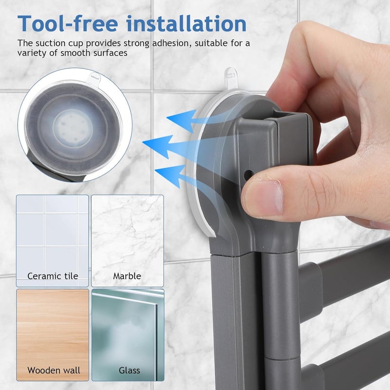 Adjustable 4-bar Suction Cup Towel Rack Rotating Wall-Mounted Towel Holder Gray No-Drill Bathroom Organizer for Smooth Surfaces - Image 3