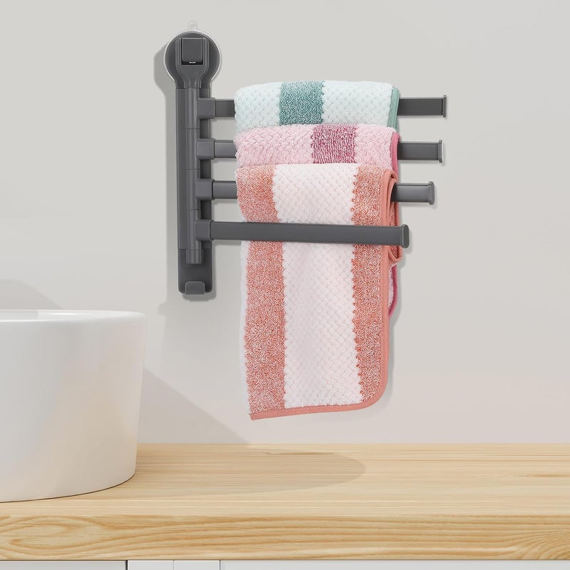 Adjustable 4-bar Suction Cup Towel Rack Rotating Wall-Mounted Towel Holder Gray No-Drill Bathroom Organizer for Smooth Surfaces - Image 4