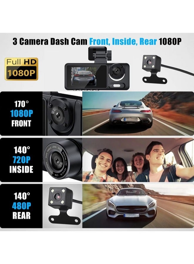 بيوينتي Car Dash Cam, 3 Channel - Front, Rear, Inside, 1080P HD 170 Wide Angle Night Vision Driving Dashcam, G-Sensor, Parking Monitor, Motion Detection, Loop Recording, Collision Detection, Accident Lock - Image 2