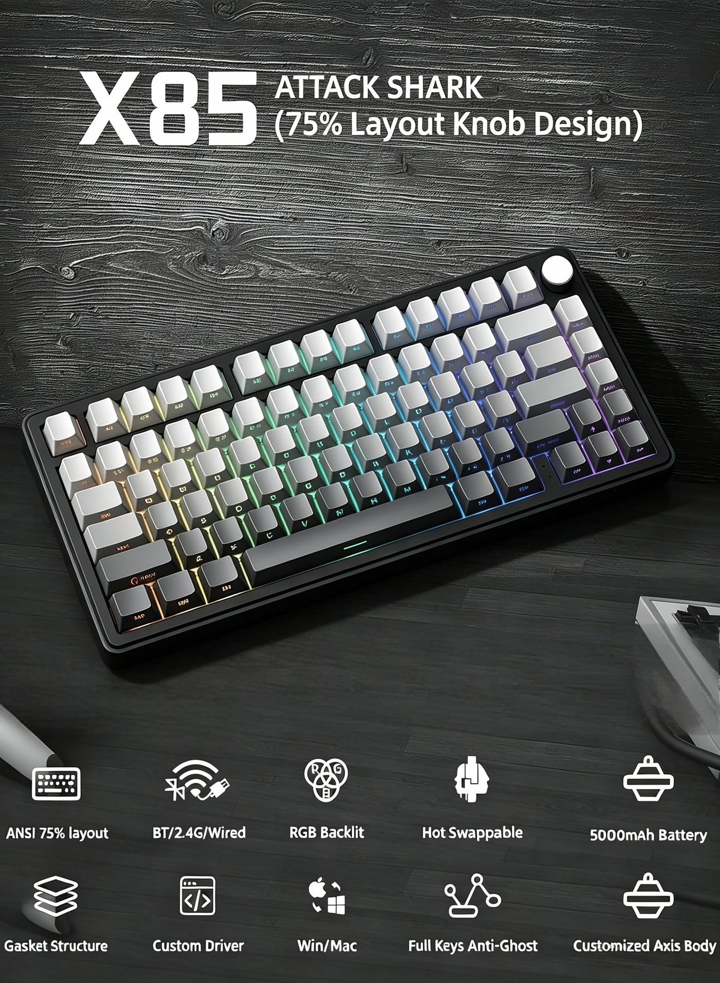 attackshark Attackshark X85 Gasket Mechanical Keyboard bluetooth Connection Type: Bluetooth/Wireless