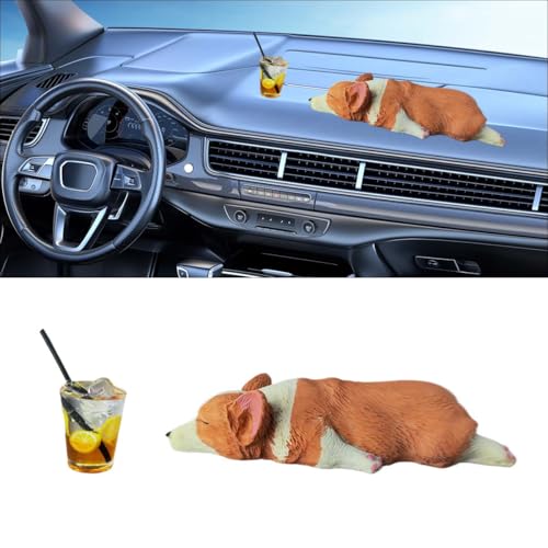 BDZMC Cute Dog Car Rearview Mirror Accessories Sleeping Corgi Lemon Tea Dashboard Decoration Resin Car Ornament Funny Automotive Mirror Accessories for Home Office - Image 1