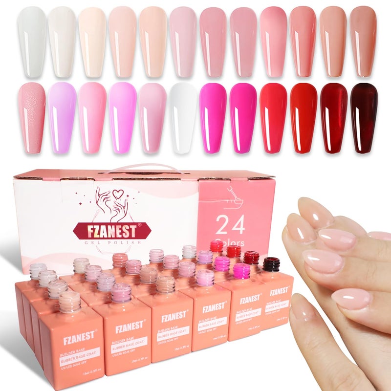 FZANEST Rubber Base Builder Nail Gel 24 Colors*15ml Salon Product Soft Structure Gel For Nails Enhance Extension Jelly Natural Nude Pink Base Color Overlay UV LED Soak Off - Image 1
