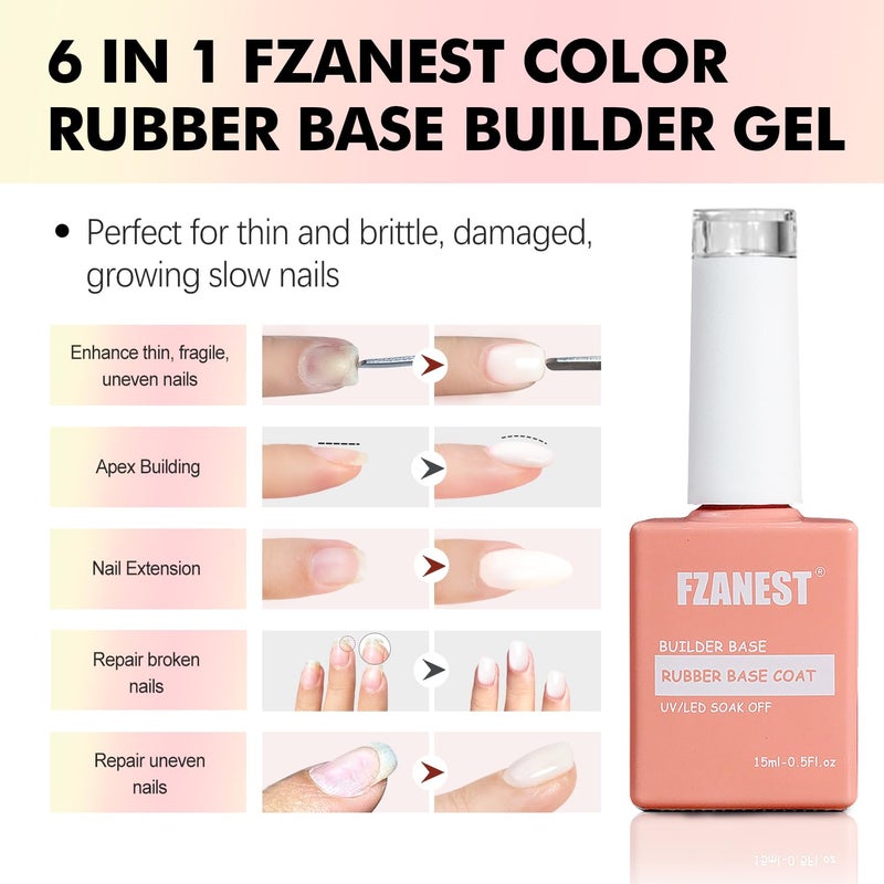 FZANEST Rubber Base Builder Nail Gel 24 Colors*15ml Salon Product Soft Structure Gel For Nails Enhance Extension Jelly Natural Nude Pink Base Color Overlay UV LED Soak Off - Image 3