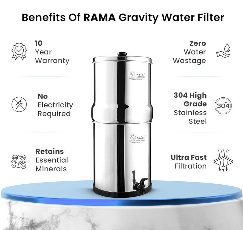 RAMA Gravity Water Filter | 17L Total Capacity (8L Storage) | 304 Grade Stainless Steel Purifier for Home | Includes 2 Carbon Candles & 10-Year Warranty - Image 2
