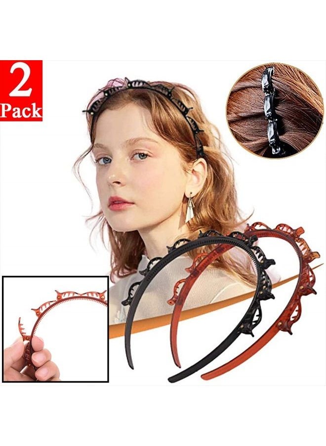 Nackiy - Double Bangs Hairstyle Hairpin Headband Korean Braided Headbands for Women Double Layer Twist Plait Headband Hair Tools Multi-layer hollow woven headband Headband with Alligator Clip(Black+Coffe) - Image 1