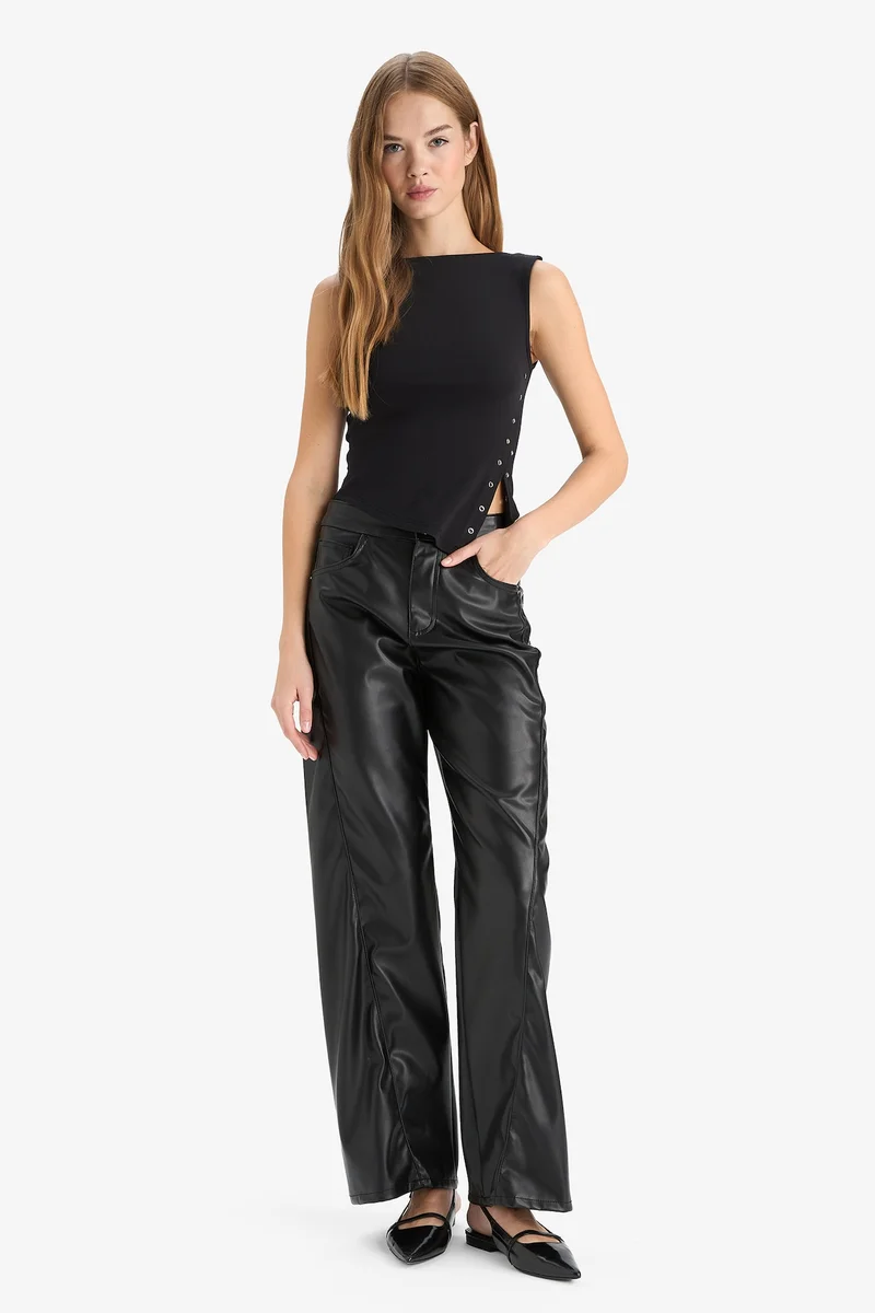 Defacto Wide Leg Normal Waist Faux Leather Trousers