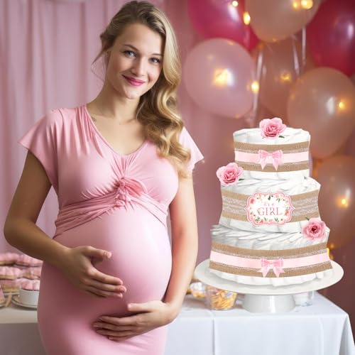 CORNER LACE Baby Shower Diaper Cake Decorations Pink Birthday Party Diaper Cake Supplies Include Ribbon Bow Tie Cakes Cards Artificial FlowersDiapers Not Included - Image 3