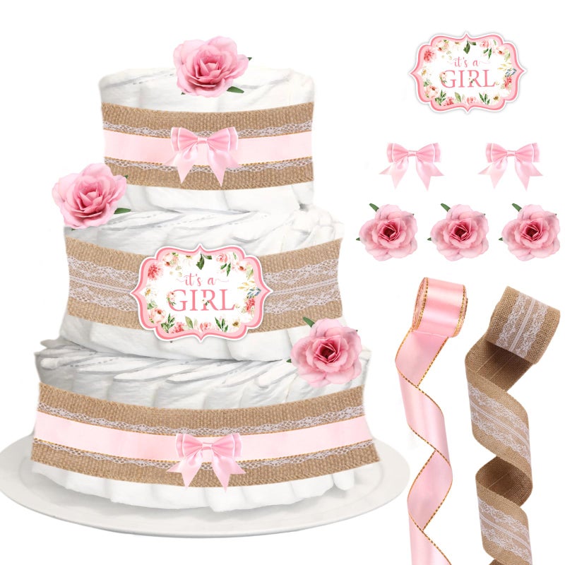 CORNER LACE Baby Shower Diaper Cake Decorations Pink Birthday Party Diaper Cake Supplies Include Ribbon Bow Tie Cakes Cards Artificial FlowersDiapers Not Included - Image 2