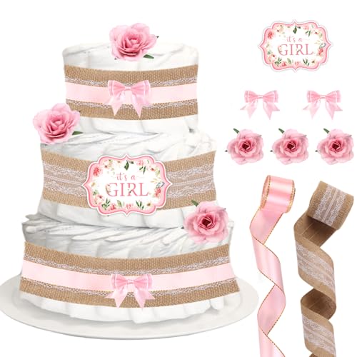 CORNER LACE Baby Shower Diaper Cake Decorations Pink Birthday Party Diaper Cake Supplies Include Ribbon Bow Tie Cakes Cards Artificial FlowersDiapers Not Included - Image 1