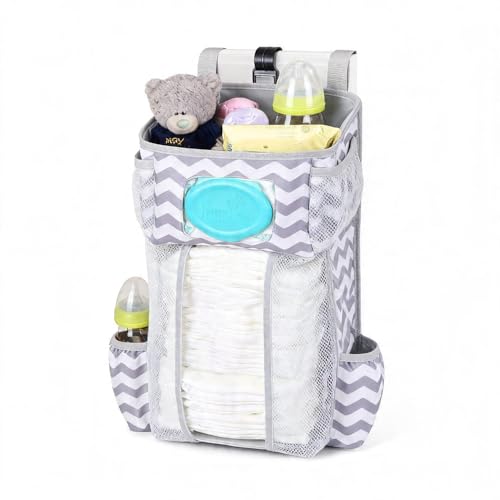 TOFOAN Hanging Diaper Caddy Organizer for Crib, Baby Diaper Holder with 3 Compartments, Water-Resistant Nursery Storage Bag for Changing Table, Playard, Wall, Ripple Grey - Image 1