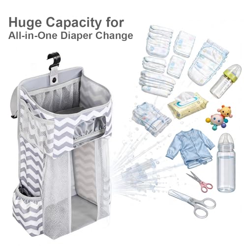 TOFOAN Hanging Diaper Caddy Organizer for Crib, Baby Diaper Holder with 3 Compartments, Water-Resistant Nursery Storage Bag for Changing Table, Playard, Wall, Ripple Grey - Image 2