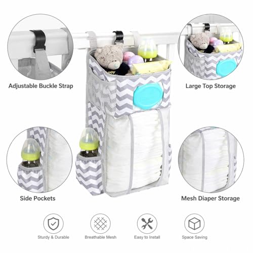 TOFOAN Hanging Diaper Caddy Organizer for Crib, Baby Diaper Holder with 3 Compartments, Water-Resistant Nursery Storage Bag for Changing Table, Playard, Wall, Ripple Grey - Image 4