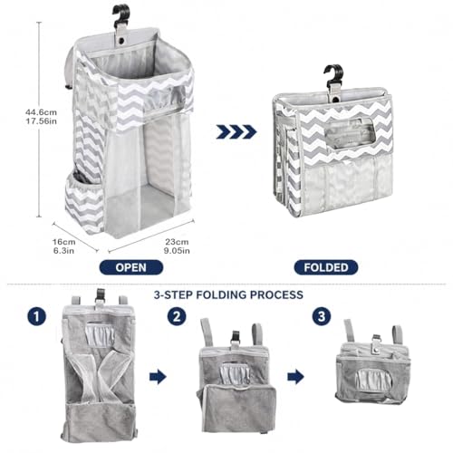 TOFOAN Hanging Diaper Caddy Organizer for Crib, Baby Diaper Holder with 3 Compartments, Water-Resistant Nursery Storage Bag for Changing Table, Playard, Wall, Ripple Grey - Image 5