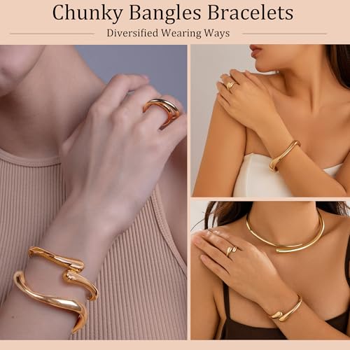 PEALICIOUS 2Pcs Gold Chunky Bangles Bracelets for Women 14K Gold Plated Chunky Bracelet Set Stack Gold Bangle Bracelet Statement Wrist Jewelry Gold Cuff Accessories Girls Trendy Bracelets - Image 5