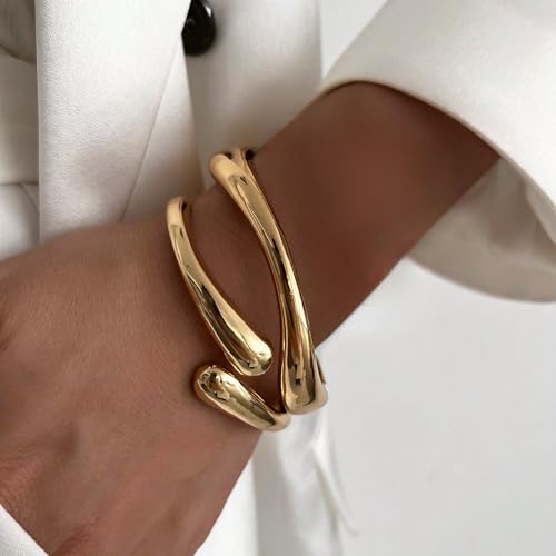 PEALICIOUS 2Pcs Gold Chunky Bangles Bracelets for Women 14K Gold Plated Chunky Bracelet Set Stack Gold Bangle Bracelet Statement Wrist Jewelry Gold Cuff Accessories Girls Trendy Bracelets - Image 2