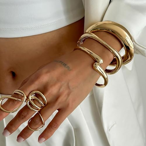 PEALICIOUS 2Pcs Gold Chunky Bangles Bracelets for Women 14K Gold Plated Chunky Bracelet Set Stack Gold Bangle Bracelet Statement Wrist Jewelry Gold Cuff Accessories Girls Trendy Bracelets - Image 3
