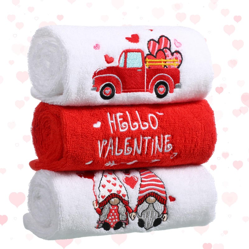 WovWeave 3 Pack Valentine's Day Bath Hand Towels Embroidered 100% Cotton 13.7 x 29.5 in Red Heart Love Bathroom Kitchen Decorations - Image 1