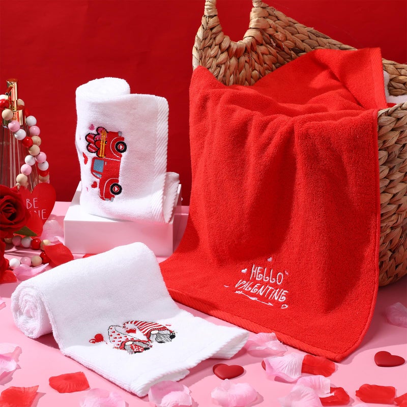 WovWeave 3 Pack Valentine's Day Bath Hand Towels Embroidered 100% Cotton 13.7 x 29.5 in Red Heart Love Bathroom Kitchen Decorations - Image 4