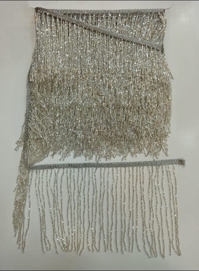 PREMDAS LACES PREMDAS LACE Indian High Class Fashionable Gold Beaded Big Tassel Lace Trim for Designing Dresses and Used for Fabulous Embellishment Looks. 1mtr Packing (Silver) - Image 2