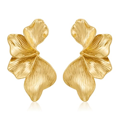 FAUTHENTICUTE Large Gold Flower Statement Earrings For Women Exaggerated Leaf Dangle Earrings Summer Bohemian Striped Sectored Geometric Earrings - Image 1