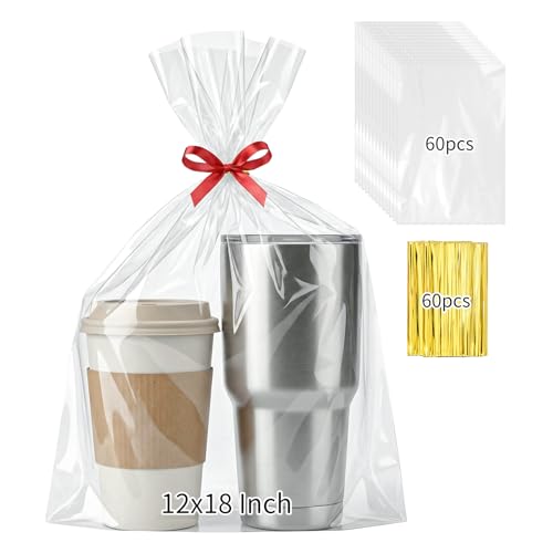 woric 60pcs Cellophane Bags 12x18 Inch Clear Gift Bags Cellophane Wrap for Gift Baskets Graduation Gifts Cookies Treats Bread Candies Craft Projects Party Favorswith 60 Twist Ties - Image 1