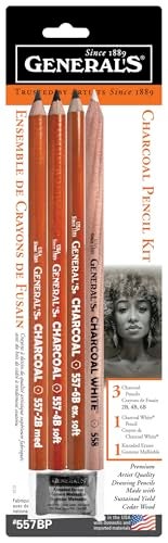 GENERAL'S Charcoal Pencil Set (557BP), 3 Black Charcoal (2B, 4B, 6B),1 White Pencil, Kneaded Eraser, Pre Sharpened, Incense Cedar Wood, 0.15 lb, Made in USA - Image 1