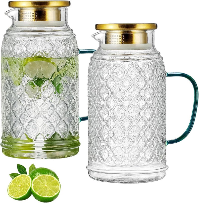 Buaic Glass Pitcher with Lid, 2 PACK 68 oz/2L Liter Vintage Water Pitcher, Clear Borosilicate Glass Water Carafe for Cold Brew, Coffee, Lemonade, Iced Tea,Beverage, Heat Resistant Water Glass Jug - Image 1