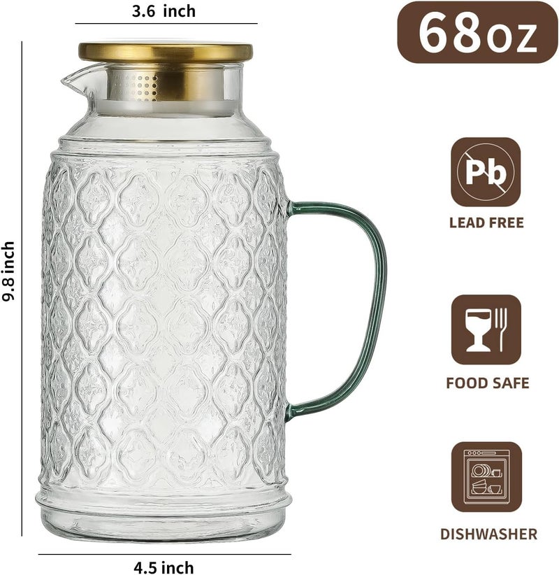 Buaic Glass Pitcher with Lid, 2 PACK 68 oz/2L Liter Vintage Water Pitcher, Clear Borosilicate Glass Water Carafe for Cold Brew, Coffee, Lemonade, Iced Tea,Beverage, Heat Resistant Water Glass Jug - Image 2
