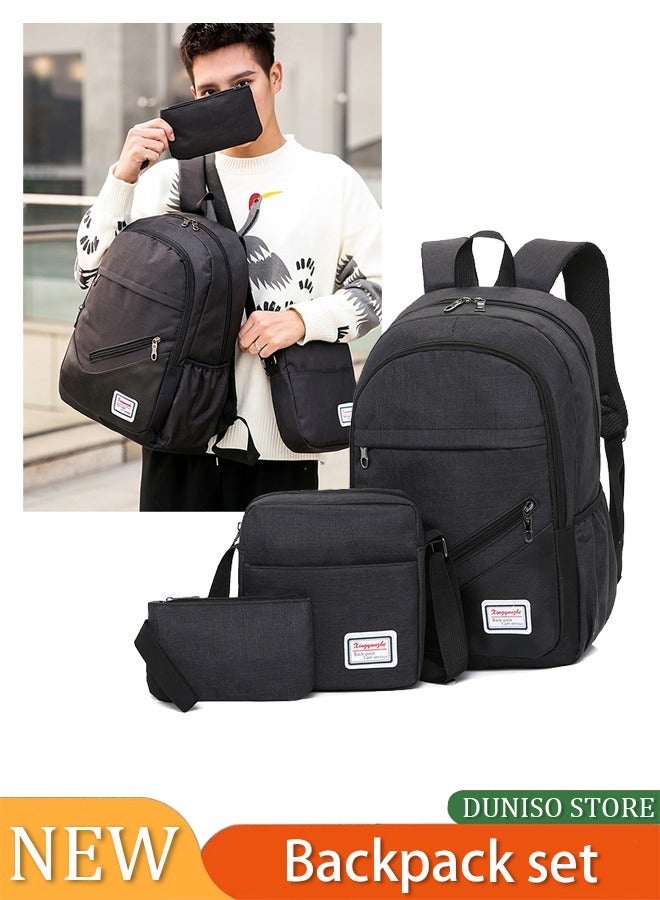 DUNISO 3 Piece Composite Bag Set Double Backpack Set Wear Resistant Computer Backpack Leisure Travel Bag Men And Women High School Student Schoolbag (Black) - Image 1
