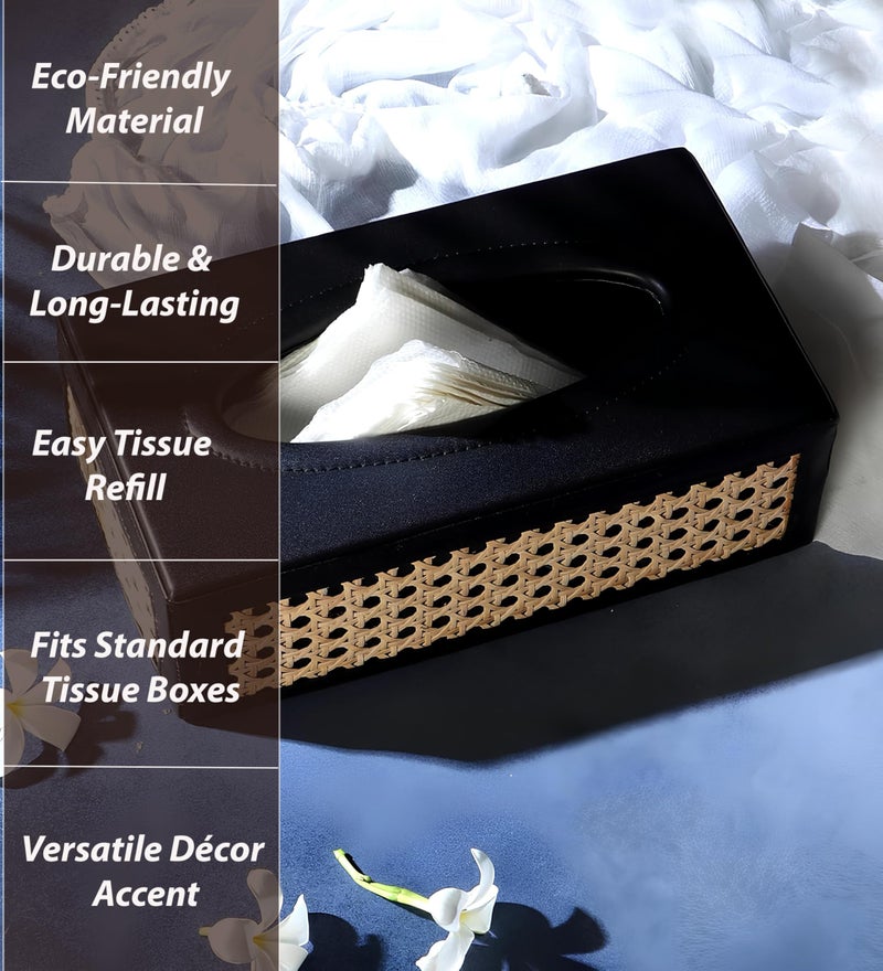 AKWAY Rattn Tissue Box Holder, Paper Napkin Holder, Cane Tissue Dispenser for Home, Cane Tissue Box for Bathroom, Bedroom, Office, Restaurant and Car Decoration- Rectangle Shape(Black) - Image 3