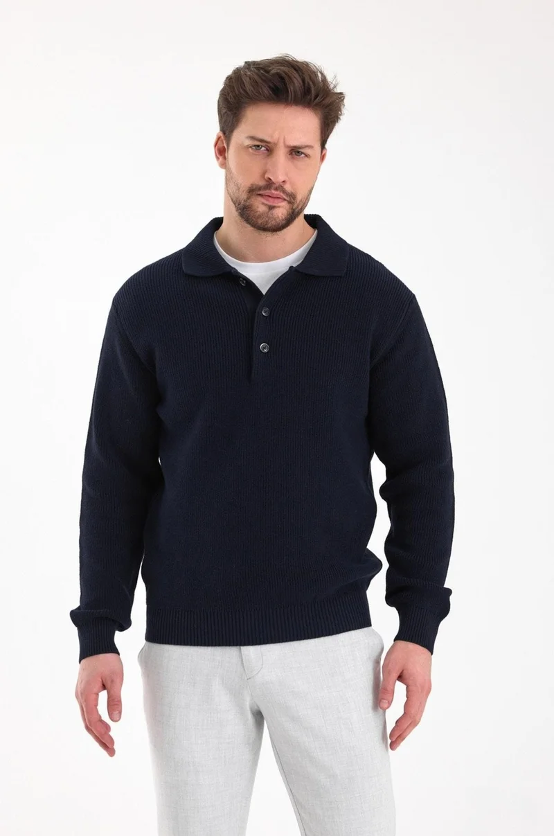اوديلون Men's Regular Fit Cotton Polo Collar Buttoned Navy Blue Knitwear Sweater