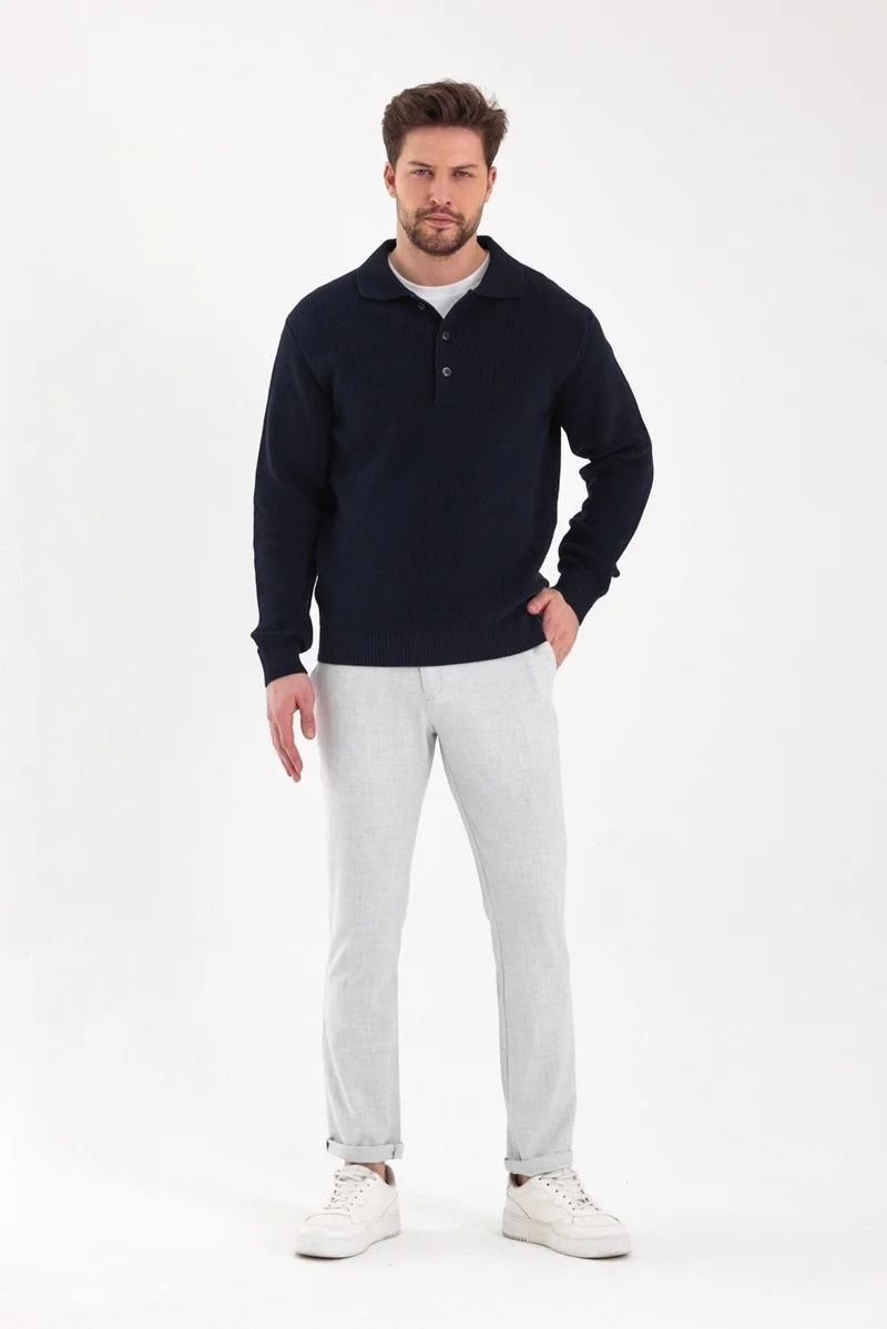 اوديلون Men's Regular Fit Cotton Polo Collar Buttoned Navy Blue Knitwear Sweater